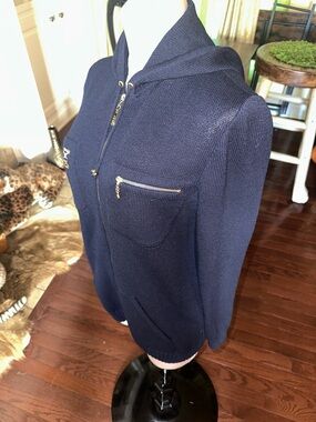 Navy Zip-Up Hooded Knit Jacket